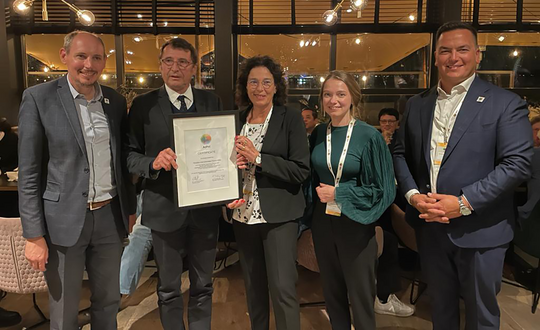 AIPH-approval for Floralies Internationales 2024, at AIPH 74th Annual Congress. From Left: AIPH Secretary General, Tim Briercliffe; Floralies Committee Nantes President Mr Frdric Fourrier, Floralies Committee Nantes Managing Director Mrs Roselyne Carlet, Floralies Committee Nantes Landscape Engineer Mrs Marion Leclerc and AIPH President, Leonardo Capitanio.