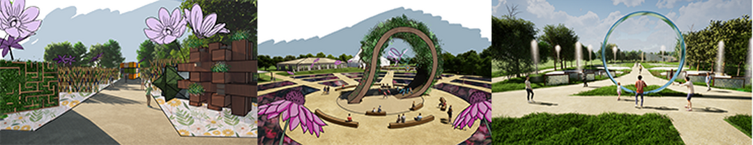Conceptual drawings on the theme of Flower Games for Floralies Internationales 2024. From Left: Intellectual Games, Physical Games and Water Games.
