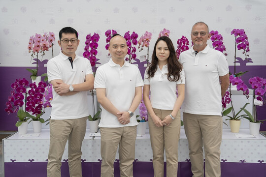 Sogo"s new management team is prepared to continue its legacy of excellence in orchid breeding and propagation. From left: David Chen (CBO), Dennis Hsiao (CEO), Kaitlin Huang (CFO) and Erik Somnel (COO).