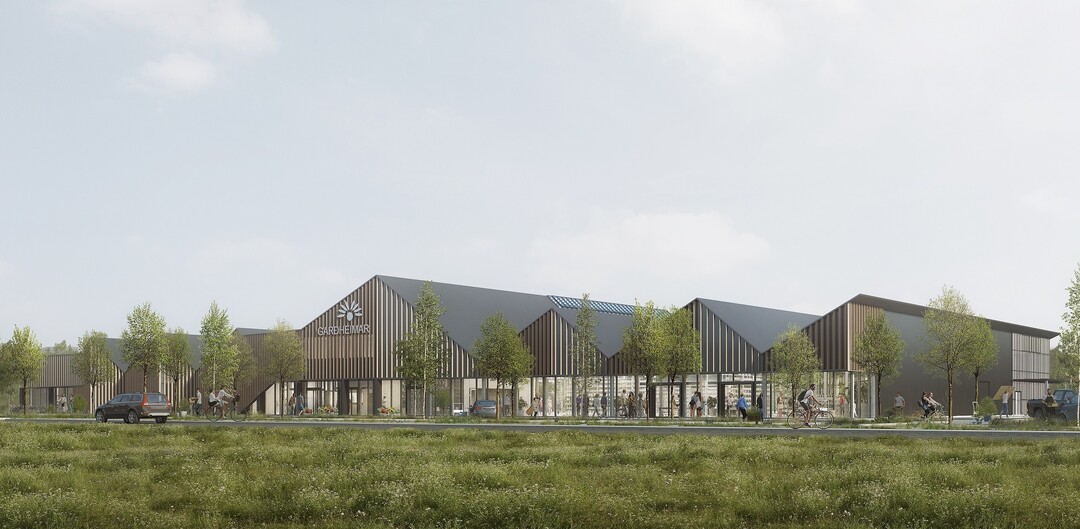 The asymmetrical roof gives the front view of the new garden centre allure.