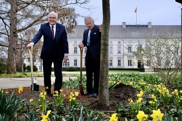 King Charles III and Federal President Frank-Walter Steinmeier planted the manna ash tree donated by the BdB in the park of Bellevue Palace in Berlin.