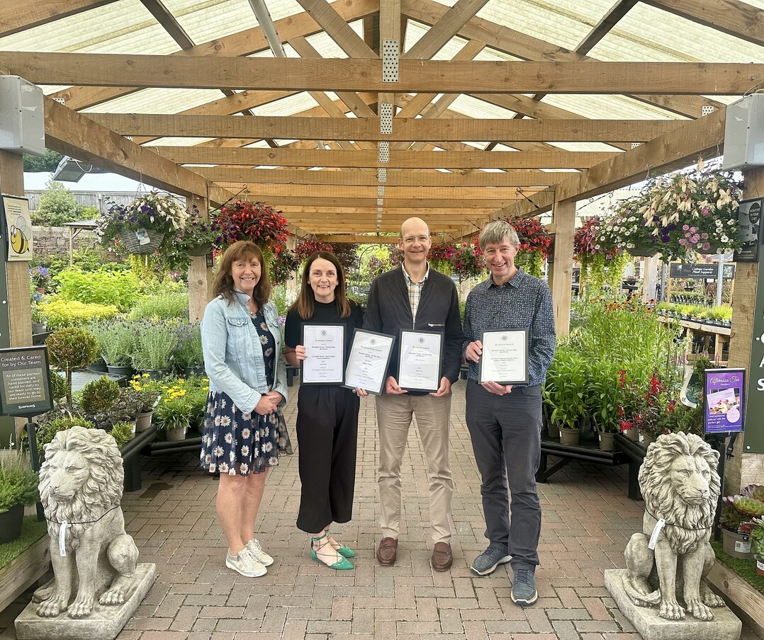 Garden Centre of the Year (GC) winners, Klondyke Garden Wise, Dumfries for Scotland with Abbie McHolm, Marketing Manager for Klyondyke (left), GCA Inspector, Alyson Haywood (far left) and GCA CEO, Peter Burks (far right).