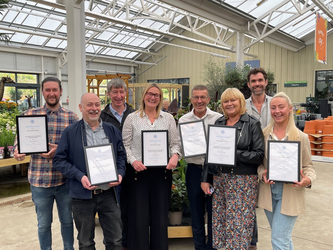 The team from Bents Garden and Home with their awards, including one for North West Garden Centre of the Year in the Destination Garden Centre (DGC) category with (back row L-R) GCA CEO Peter Burks, GCA Inspector, Colin Farquahar and Area Chairman, Justin Williams.