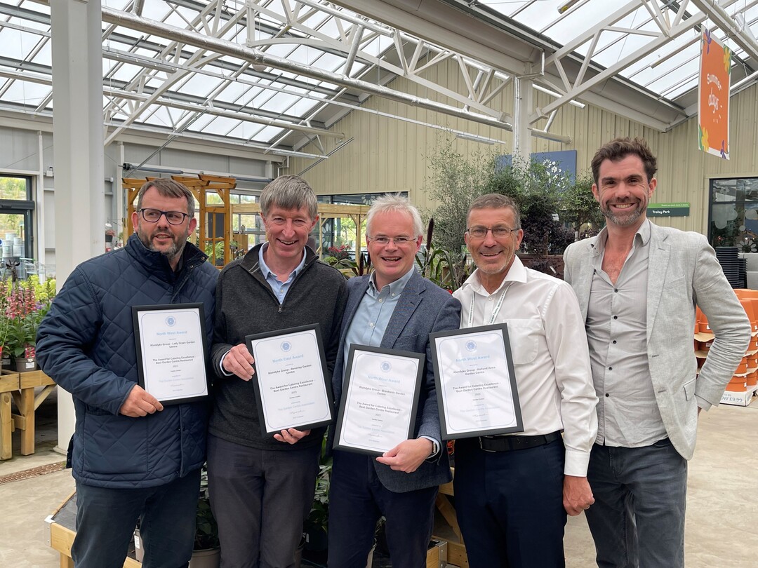 Members of the Klondyke team celebrating with GCA CEO Peter Burks, GCA Inspector, Colin Farquahar and Area Chairman, Justin Williams  the group won a series of awards including being named as the North Easts Garden Centre (GC) category Garden Centre of the Year winner with Klondyke Beverley Garden Centre and the North West regions Garden Centre (GC) category Garden Centre of the Year winner for Klondyke Wilmslow Garden Centre (GC).