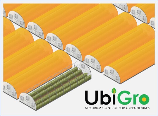 Schematic of UbiGro Cover, a new product that leverages twin-screw extrusion to incoroporate fluoresent quantum dots into the roofing of greenhouses. UbiGro Cover 590 (orange) is launching for pilot projects in early 2023.